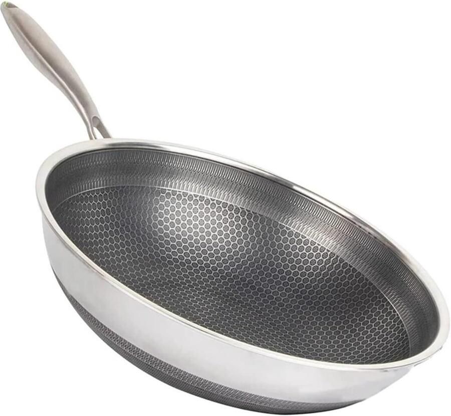 Roestvrij Staal Wok Koekenpan Veelzijdig Koken Gelijkmatige Warmte 28 cm Zilverkleurig