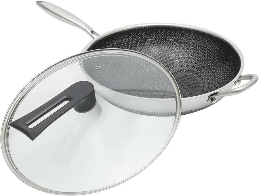 Roestvrij Staal Wok Koekenpan Veelzijdig Koken Platte Bodem 34cm Diameter Grijs