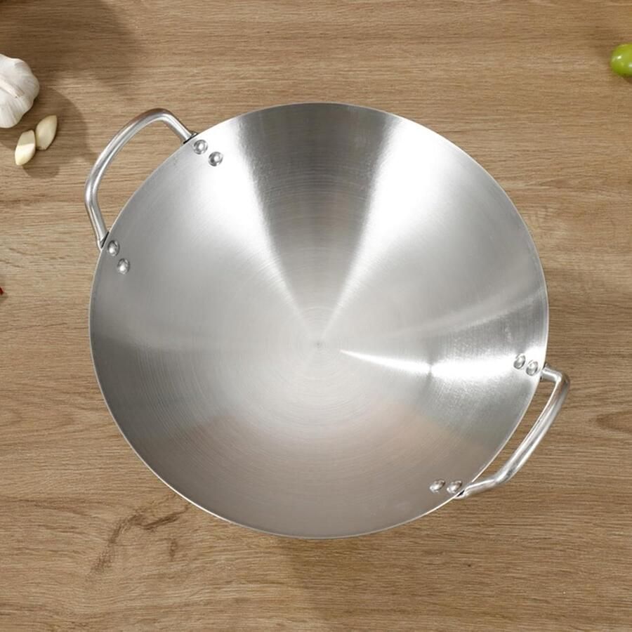 Roestvrij Staal Wok Roerbak Pan Platte Bodem Veelzijdig Koken Gelijkmatige Warmteverdeling Diameter 24cm Zilver
