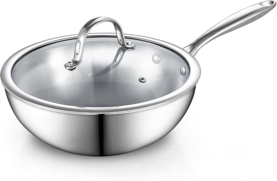 Roestvrij staal Wok Roerbakpan Deksel Thuis Koken Gelijkmatige Warmte 10.5 Inch Zilver