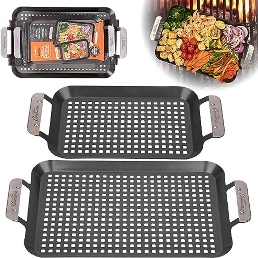 Roestvrij Stalen Barbecue Grillpannen Set van 2 Non-Stick Grill Topper voor Vlees Groenten en Zeevruchten