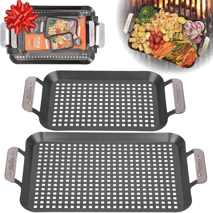 Roestvrij Stalen Barbecue Grillpannen Set van 2 Non-Stick Grill Topper voor Vlees Groenten en Zeevruchten