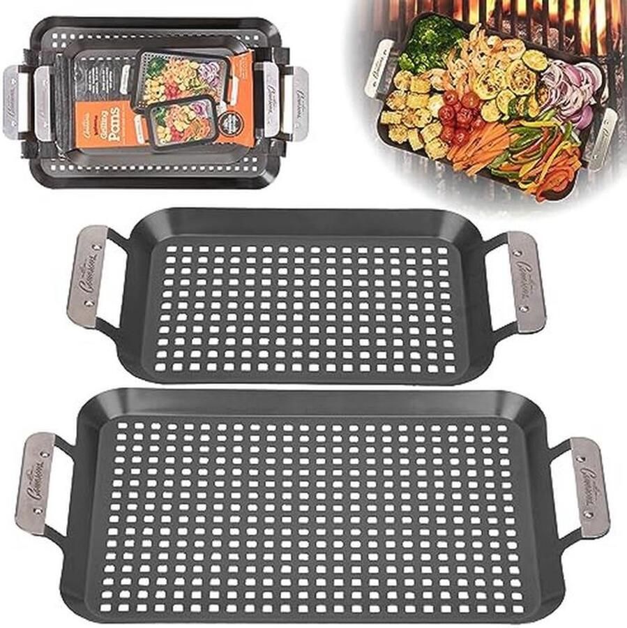 Roestvrij Stalen Barbecue Grillpannen Set van 2 Non-Stick Grill Topper voor Vlees Groenten en Zeevruchten
