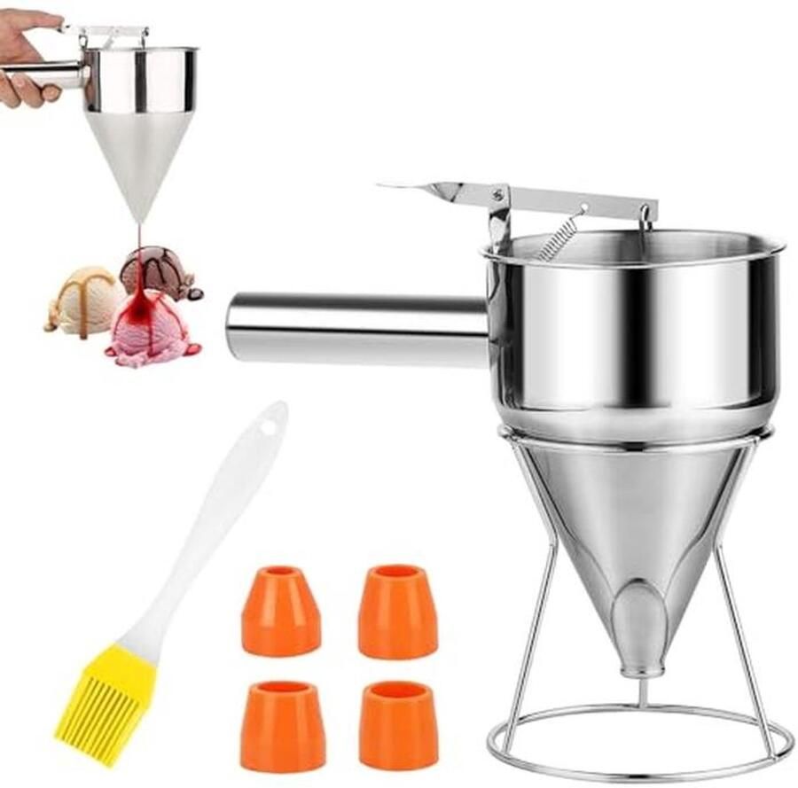 Roestvrij Stalen Deegdispenser met 4 Siliconen Mondstukken Voor Pannenkoeken en Desserts