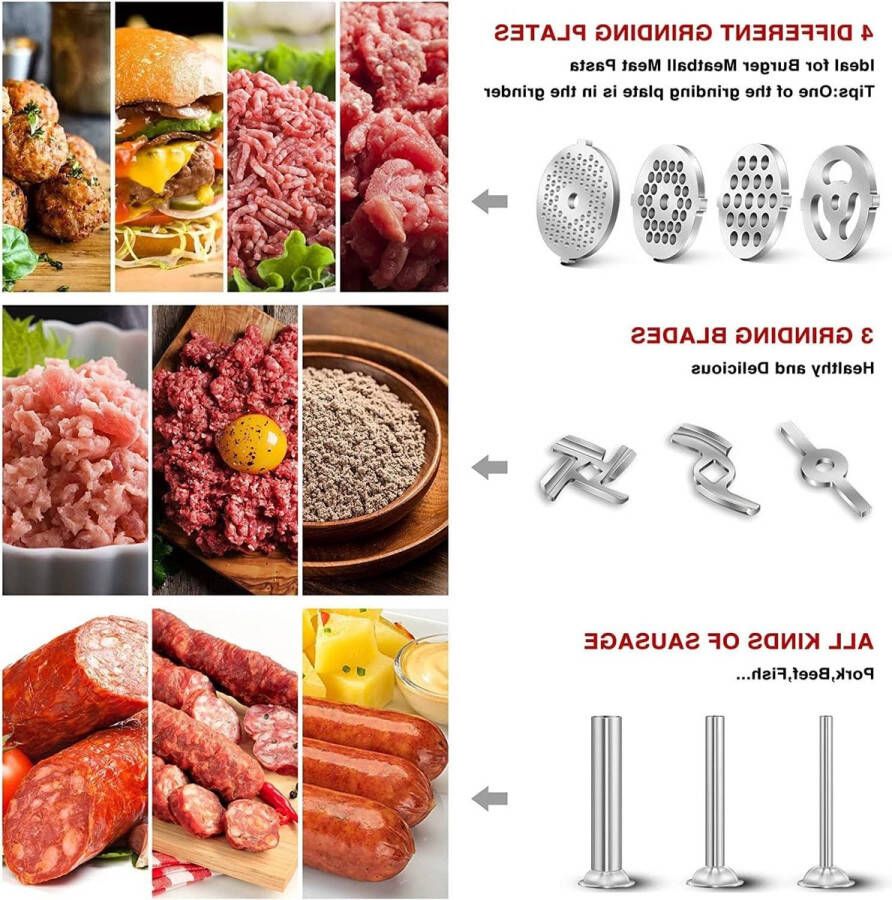 Roestvrij stalen gehaktmolen voor KitchenAid Artisan 3 worstvullers 4 maalplaten 2 bladen hamburgerpers Vleesmolen