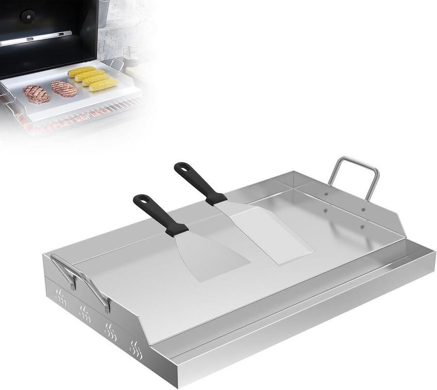 Roestvrij stalen grillplaat met handvat 54 x 32 x 7 cm gelijkmatige warmteverdeling voor gas- en kolengrills – incl. 2 x grillspatel – roest en krasbestendig ideaal voor barbecuefeesten en