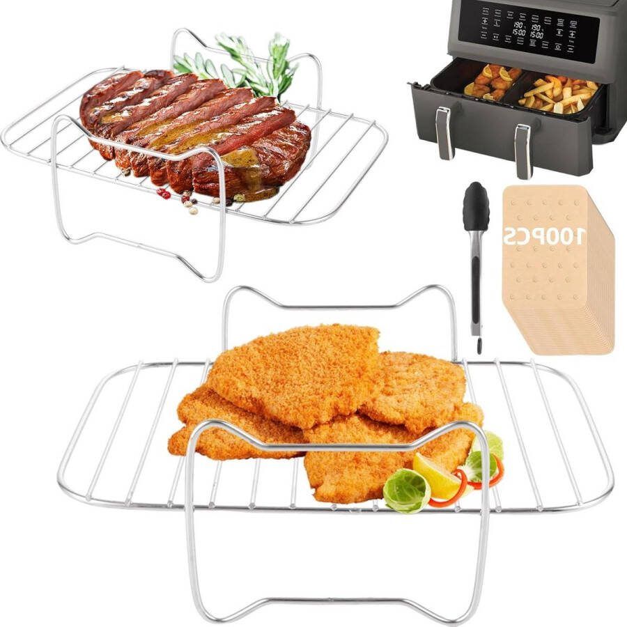 Roestvrij stalen heteluchtfriteuse grillrooster set van 2 met 100 x bakpapier accessoires voor Foodi AF300EU AF400EU Dual Zone accessoires