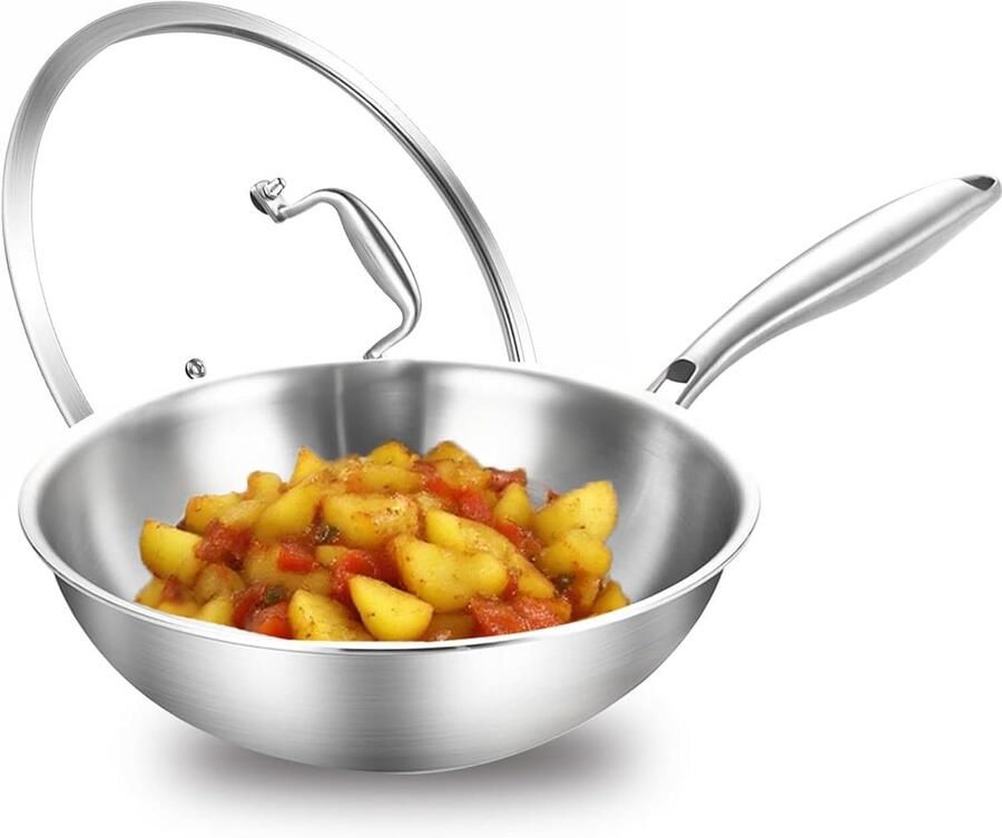 Roestvrij stalen pan Wokpan deksel Gelijkmatig koken Drielaagse constructie 24 cm Zilver