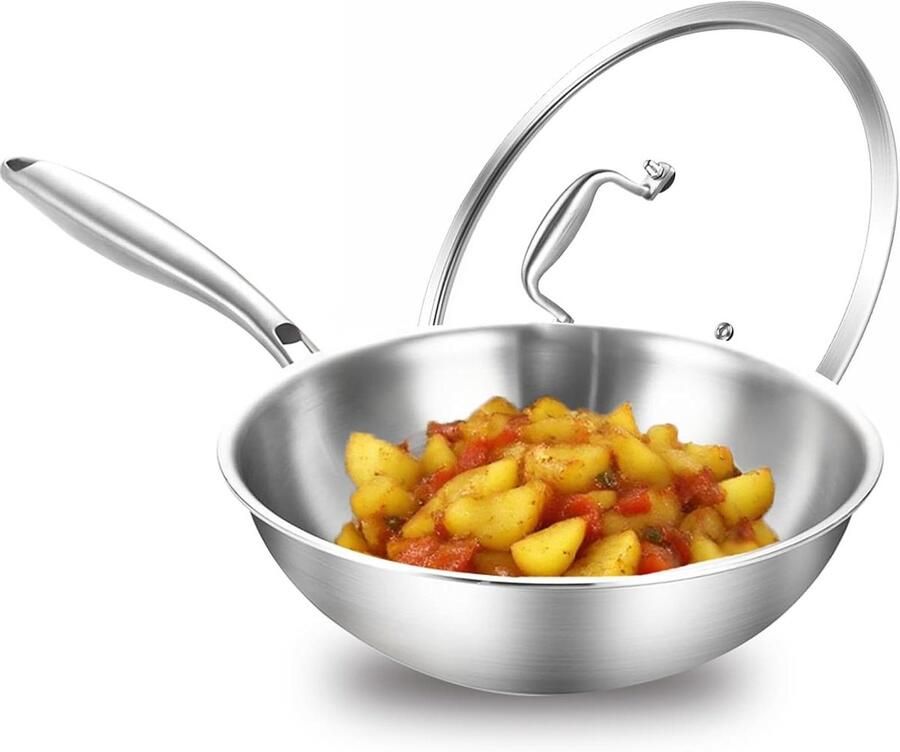 Roestvrijstalen wokpan Drielaags staal Gelijkmatig koken Energiebesparend ontwerp 24 cm Zilverkleurig