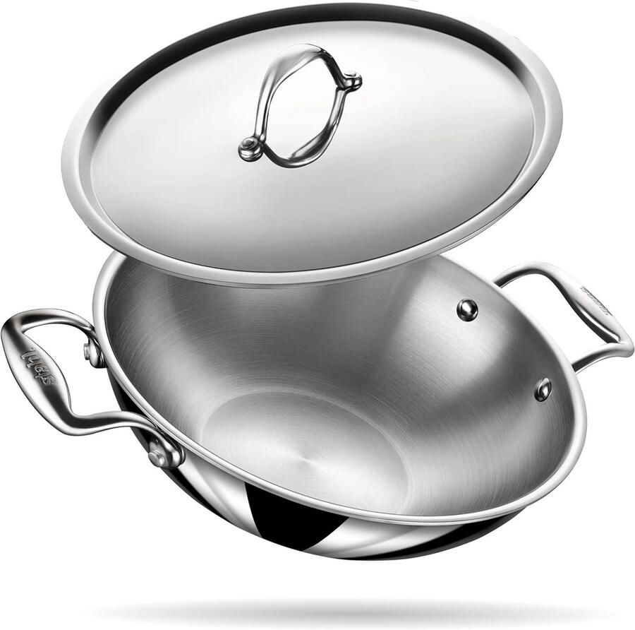 Roestvrij Stalen Triply Wokpan met Deksel 22 cm Gepolijst Zilver voor Alle Kookplaten Inclusief Inductie