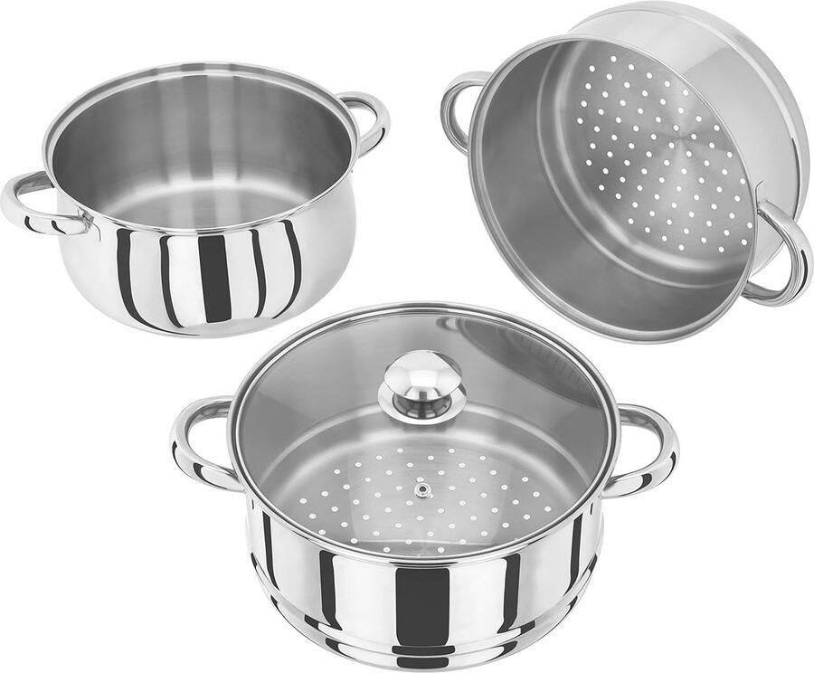 Roestvrijstalen 3-laags stoomboot 24 cm met geventileerd glazen deksel Geschikt voor inductie en oven