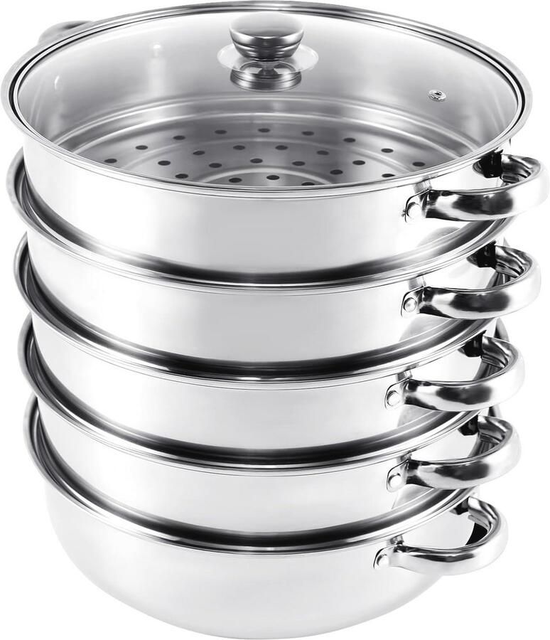 Roestvrijstalen 30 cm stoompan met glazen deksel 5 niveaus voor veelzijdig koken
