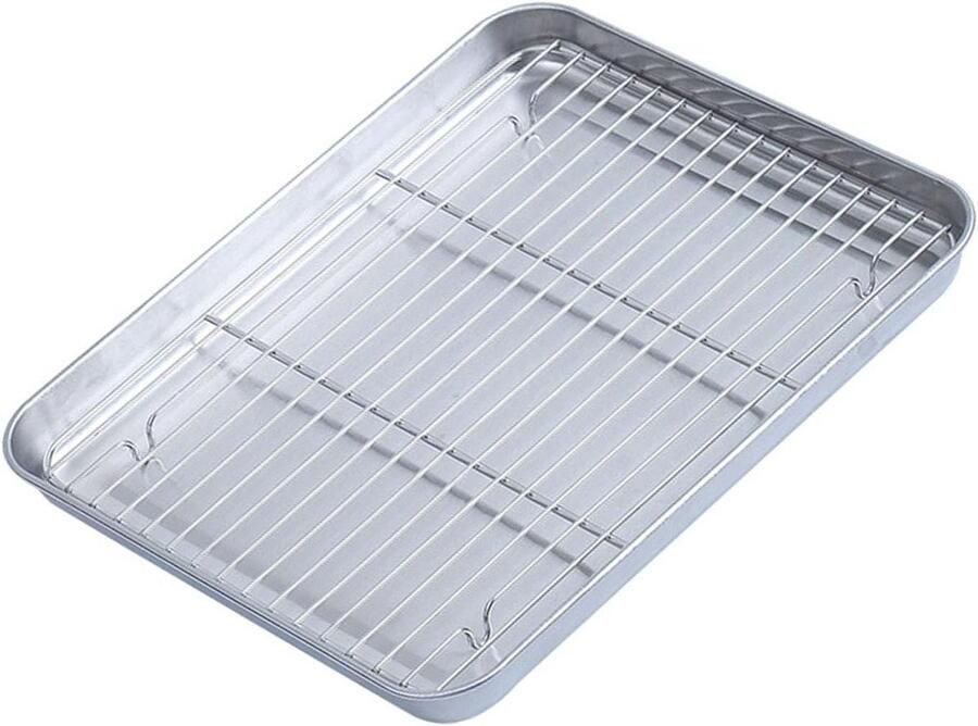 Roestvrijstalen Bakplaat Bakvorm met rek Gezond Bakken Met afdruiprek 24 x 18 cm Zilver