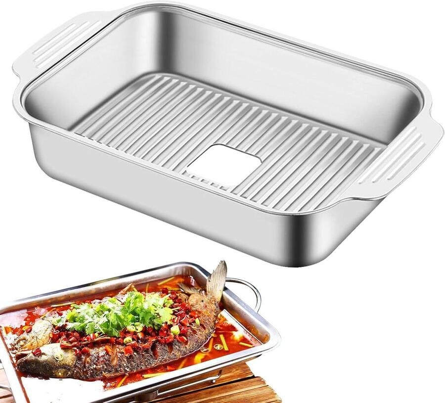 Roestvrijstalen bakplaat Grillpan vis grillen Verhoogde structuur 413 x 247 x 72 cm Roestvrijstaal