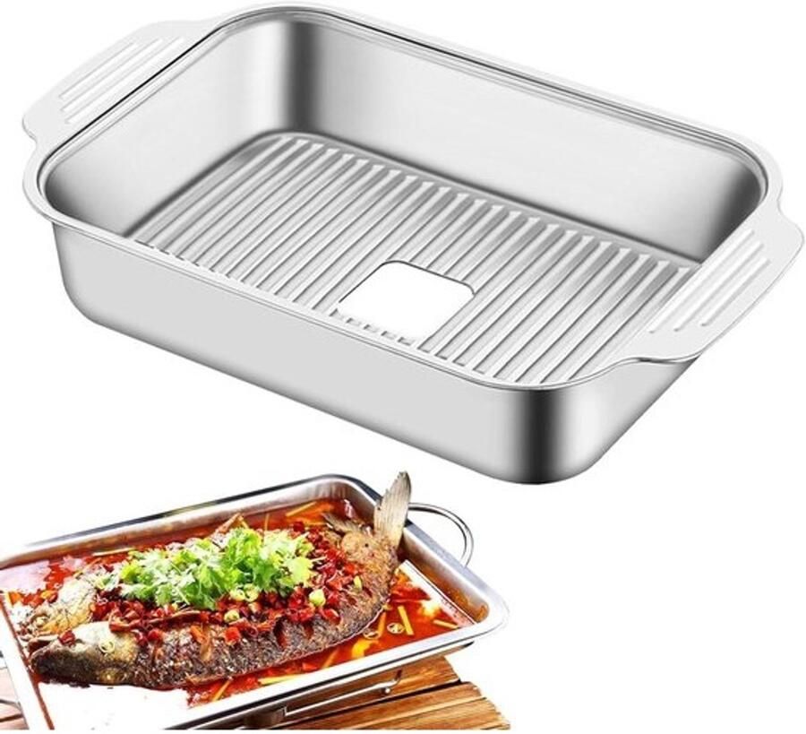 Roestvrijstalen bakplaat Grillpan voor vis grillen Verhoogde structuur 413 x 247 x 72 cm Roestvrijstaal