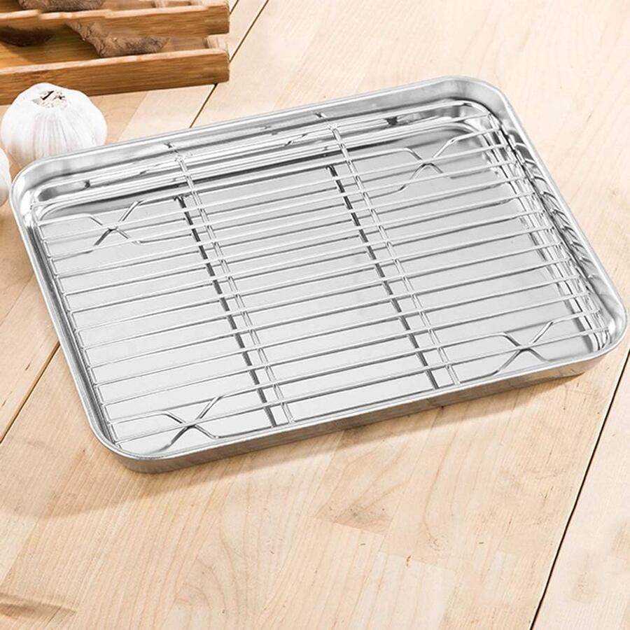 Roestvrijstalen Bakplaat Grillplaat Oven Bakken en Grillen Vaatwasserbestendig 26 x 20 x 2.4 cm Zilver