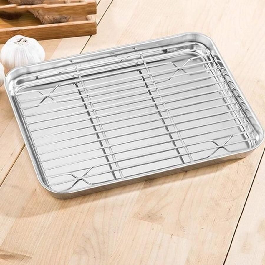 Roestvrijstalen bakplaat Grillplaat voor de oven Voor bakken en grillen Vaatwasserbestendig 26 x 20 x 2.4 cm Zilver