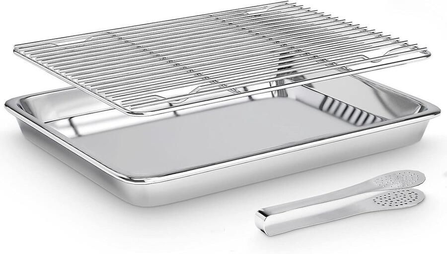 Roestvrijstalen Bakplaat met Afkoelrooster en Keukentang – Vaatwasmachinebestendig 36 x 26 x 2 5 cm