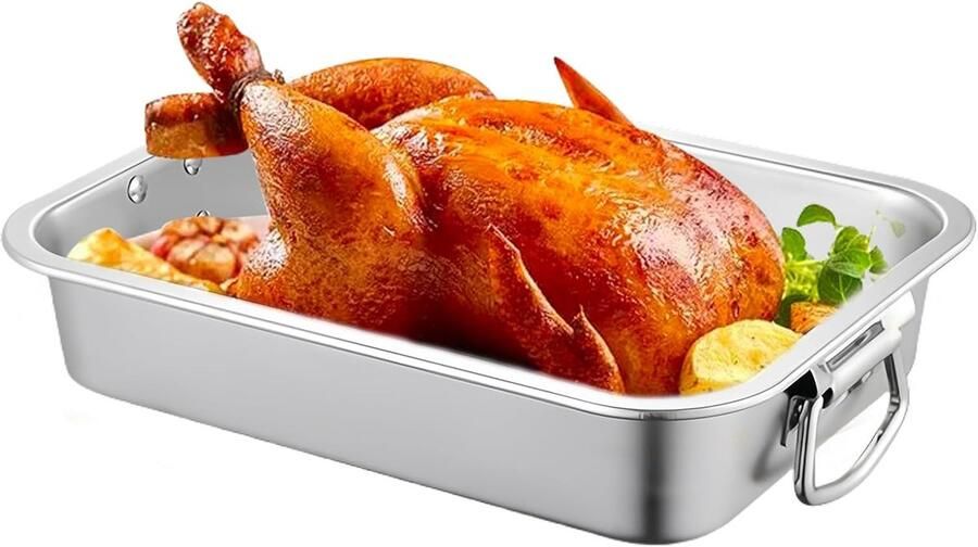 Roestvrijstalen Bakplaat met Handgrepen 40 x 30 x 7 cm Rechthoekige Ovenplaat voor Bakken en Grillen