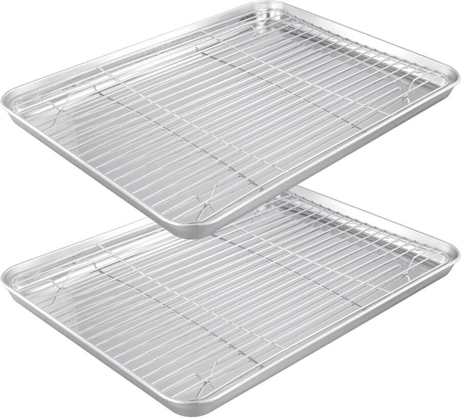 Roestvrijstalen bakplaat met koelrek set van 4 (2 platen + 2 rekken) 40 x 30 cm ovenbakplaat spiegelafwerking vaatwasmachinebestendig voor bakken en braden