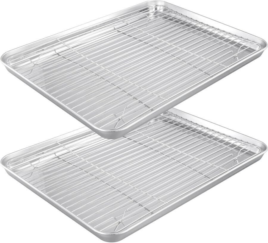Grillplaat van RVS met Koelrek Set van 4 (2 Bakplaten + 2 Racks) 40 x 30 cm Geschikt voor Oven Afwasmachinebestendig en Ideaal voor Roosteren en Koken