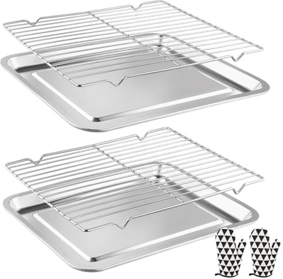 Roestvrijstalen Bakplaat met Koelrooster en Ovenhandschoenen Ideaal voor Bakken en Grillen 40 x 30 cm