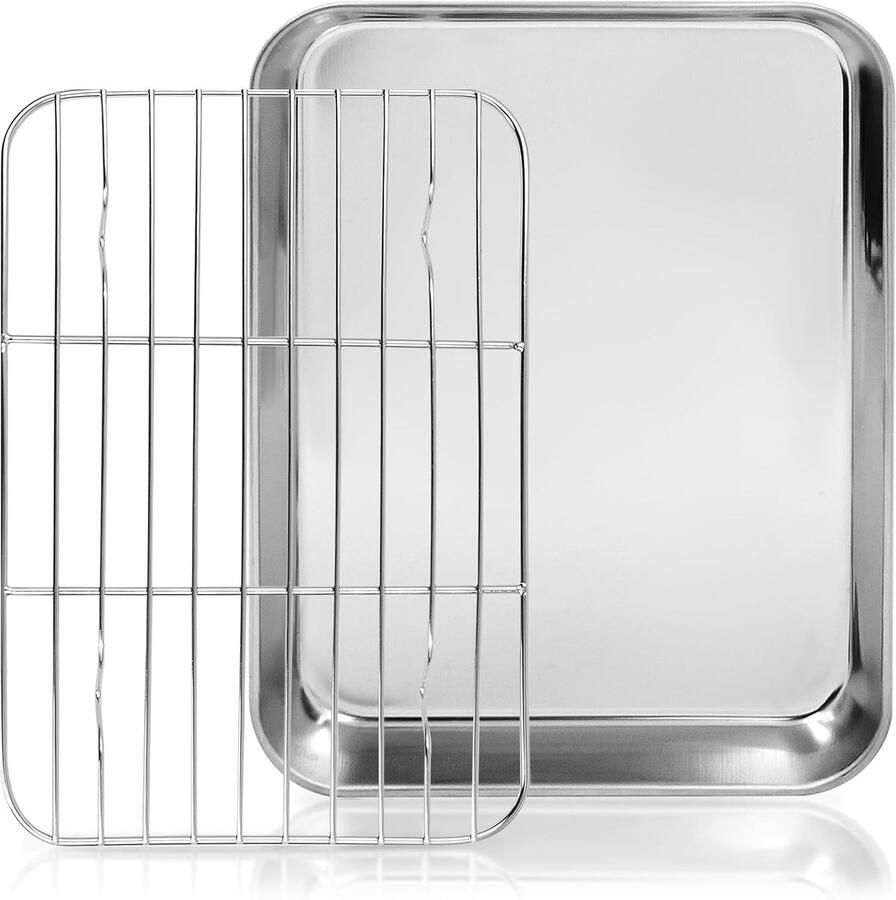 Roestvrijstalen bakplaat met koelrooster rechthoekig 23 5 x 17 5 x 2 5 cm ideaal voor bakken braden en serveren vaatwasmachinebestendig en roestbestendig