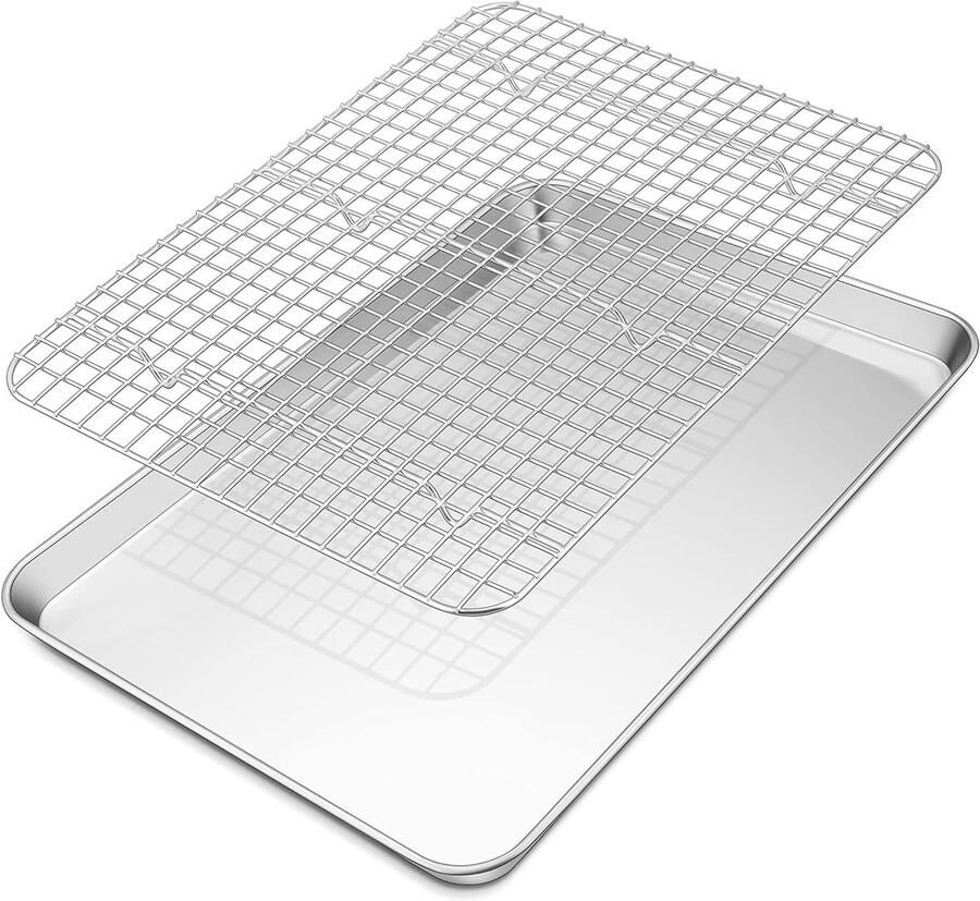 Roestvrijstalen bakplaat met koelrooster rechthoekige bakpan voor taarten en ovengerechten 40.5 x 30.5 x 2.5 cm grote en veilige bakaccessoires