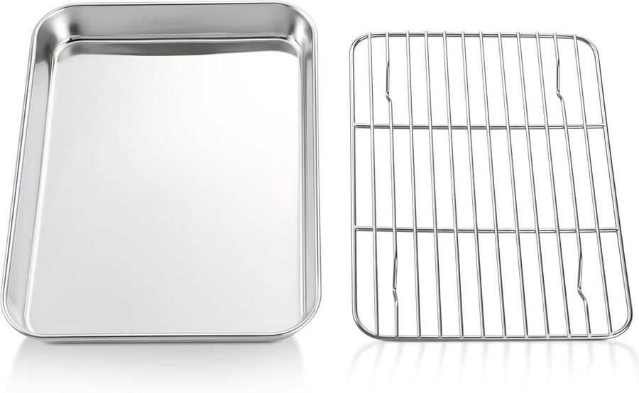 Roestvrijstalen Bakplaat met Koelrooster Rectangulaire Ovenplaat voor Bakken en Roosteren 23.5 x 17.8 x 2.5 cm Ideaal voor Taarten en Gerechten