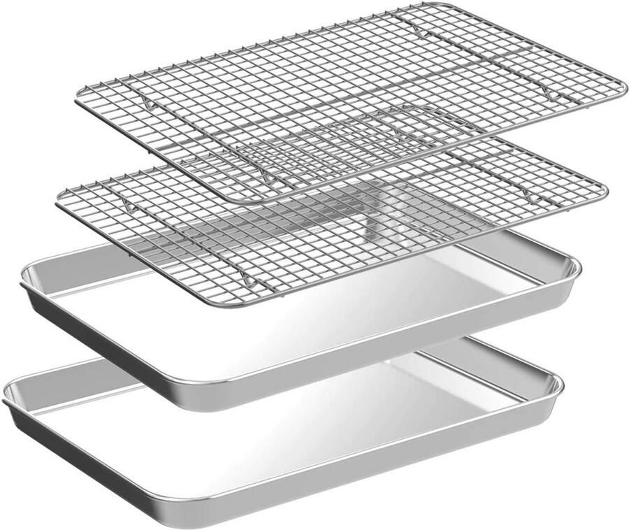 Roestvrijstalen Bakplaat met Rooster Set voor Oven 2 Pannensets en 2 Bakrekken