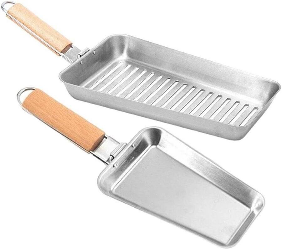 Roestvrijstalen Bakplaat Oven Pan Grill Keuken Bakken Koken Inklapbaar Houten Handvat 2 Stuks Zilver