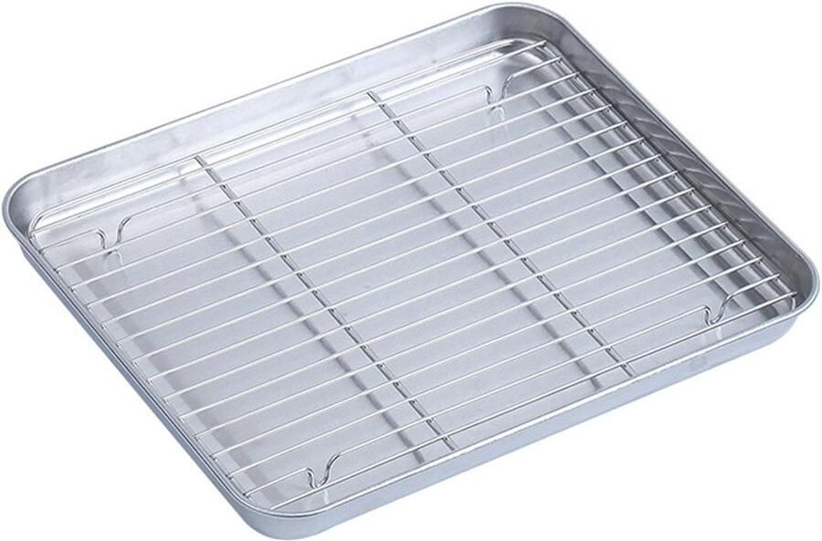 Roestvrijstalen Bakplaat Ovenplaat Rooster Bakken Grillen Geïntegreerd Vet Afdruiprek 28 x 24 x 3 cm Zilver
