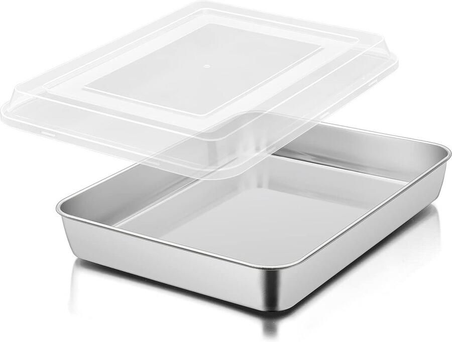 Roestvrijstalen Bakplaat Ovenschaal Diep Bakken en Braden Met Voedselveilige Deksel 23.8x18x5 cm Zilver