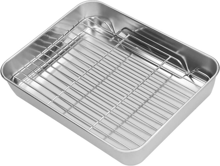 Roestvrijstalen Bakplaat Ovenschaal met rek Bakken en braden Diepe rand ontwerp 23.5 x 17.5 cm Zilverkleurig