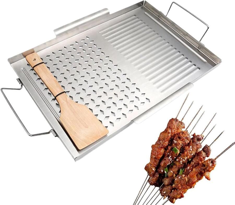 Roestvrijstalen Bakplaat Platte Grillplaat Barbecue Accessoire Inclusief Houten Spatel 43x29cm