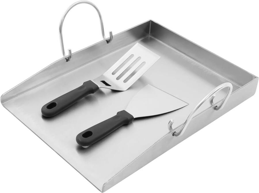 Roestvrijstalen Bakplaat Platte Grillplaat Buiten Koken Inclusief Spatels 40 x 30 cm Zilver