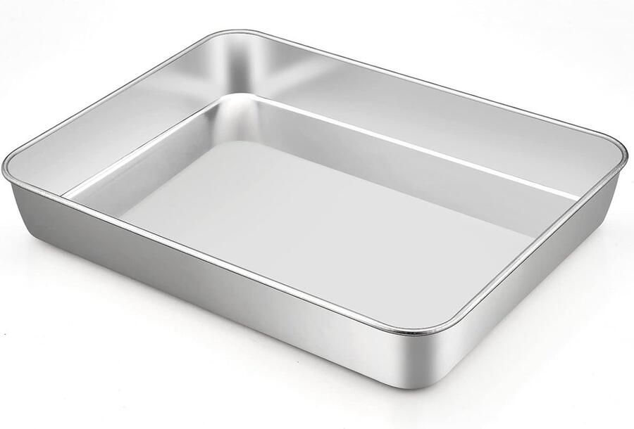 Roestvrijstalen bakplaat rechthoekige bakvorm 31.5 x 24.6 x 4.8 cm diep voor bakken braden en serveren vaatwasserbestendig en veilig voor gezondheid