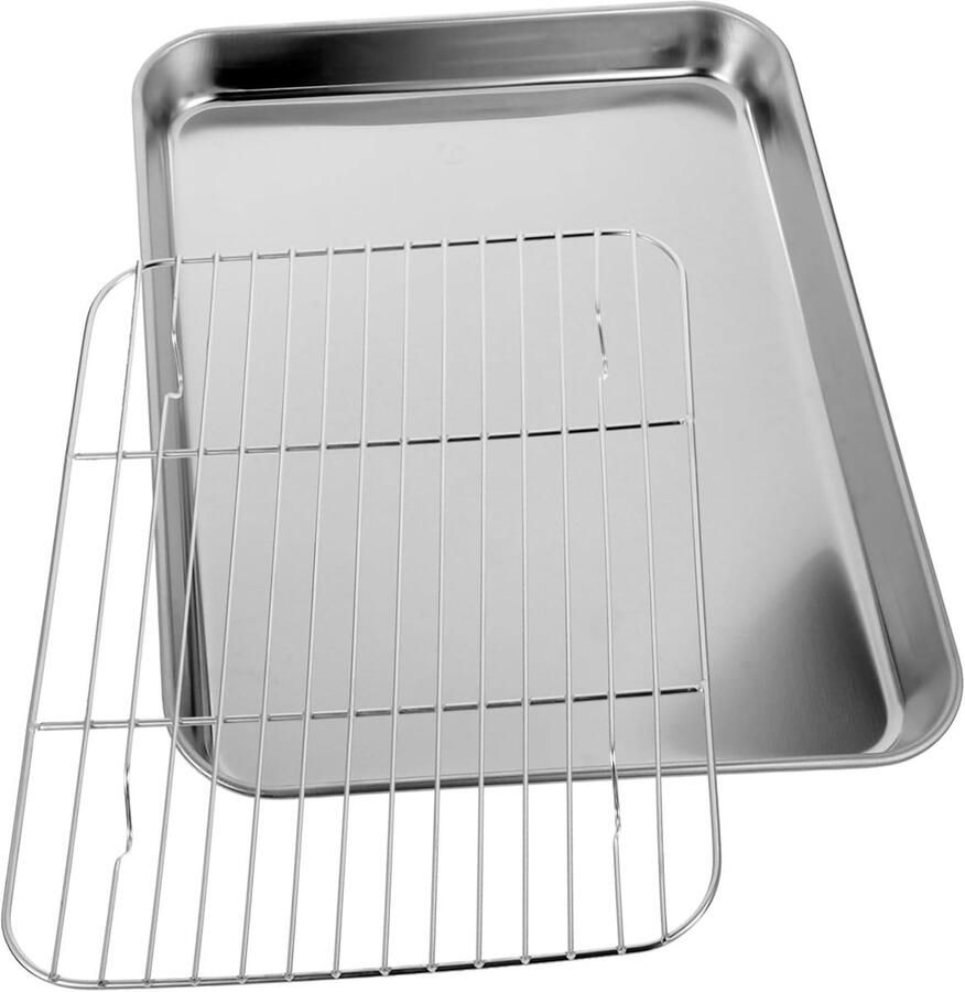 Roestvrijstalen Bakplaat Set Ovenplaat met Rooster Bakken en Koelen Vaatwasserbestendig 26.5x20.5x2.5cm Zilver