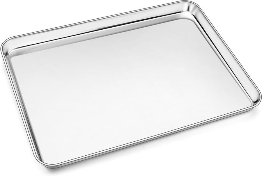 Roestvrijstalen bakplaat rechthoekig voor bakken braden en serveren 40.6 x 30.5 cm vaatwasmachinebestendig duurzaam en veilig voor voedsel