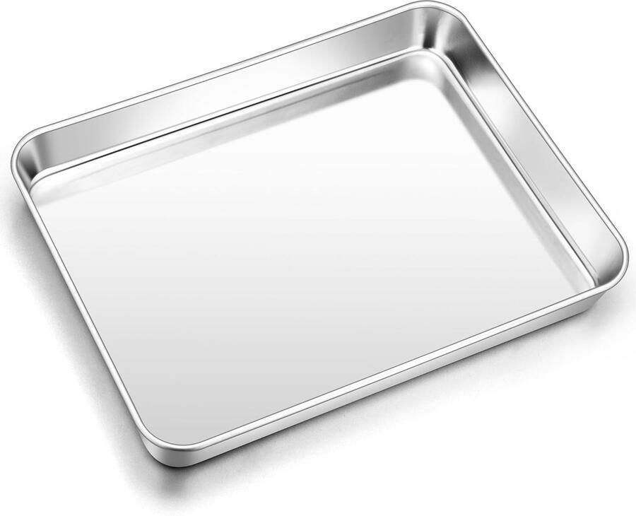 Roestvrijstalen bakplaat voor oven rechthoekige vetpan voor bakken braden en serveren 31.5 x 24.6 x 2.5 cm veilig en duurzaam vaatwasserbestendig en niet-toxisch