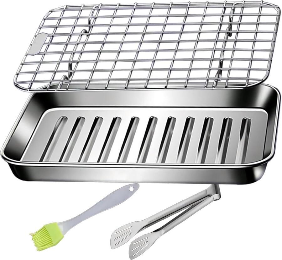 Roestvrijstalen bakplaatset Ovenplaat rooster Bakken en koken Anti-aanbaklaag 44x32 cm Zilver