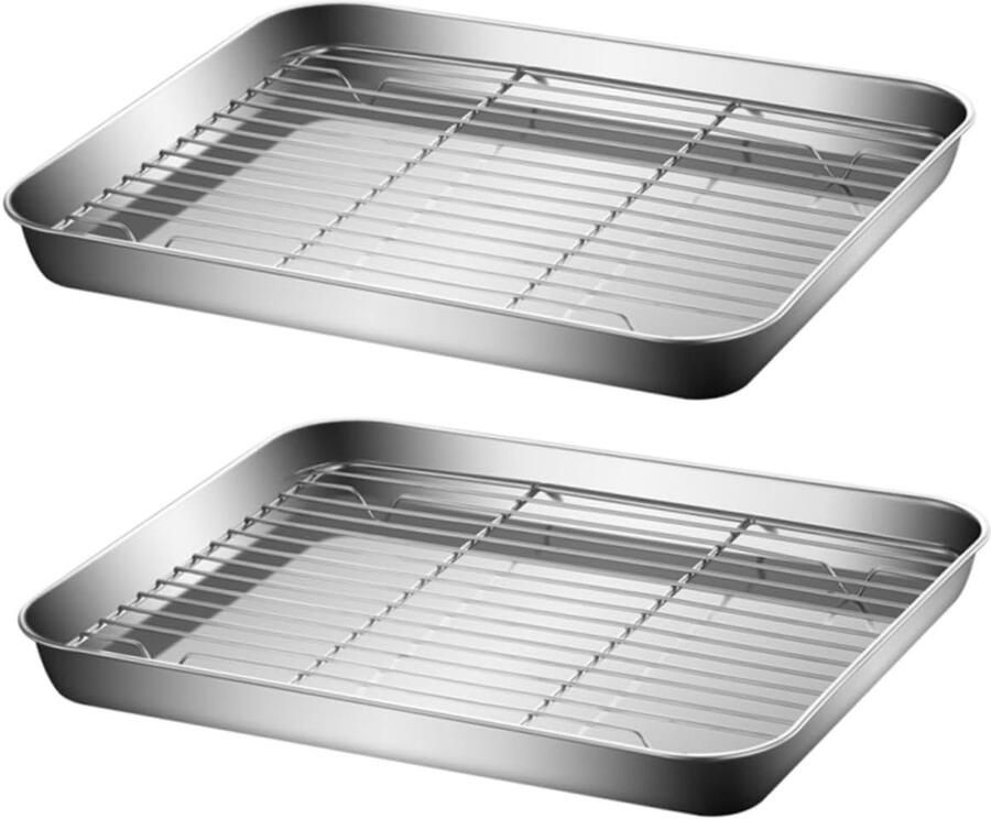 Roestvrijstalen Bakplaten Ovenschaal Koelrek Keukenopslag Afgieten Stapelbaar Ontwerp 26x20cm Set Zilver