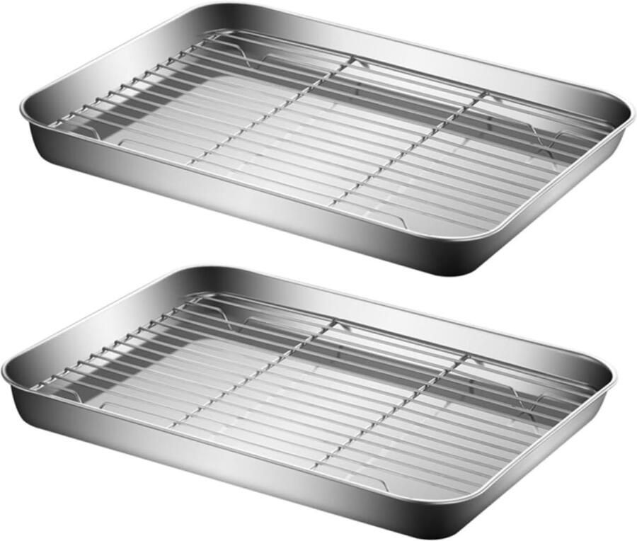 Roestvrijstalen Bakplaten Ovenschalen met Rek Koken en Bakken Multifunctioneel Afdruiprek 2 Sets Zilver