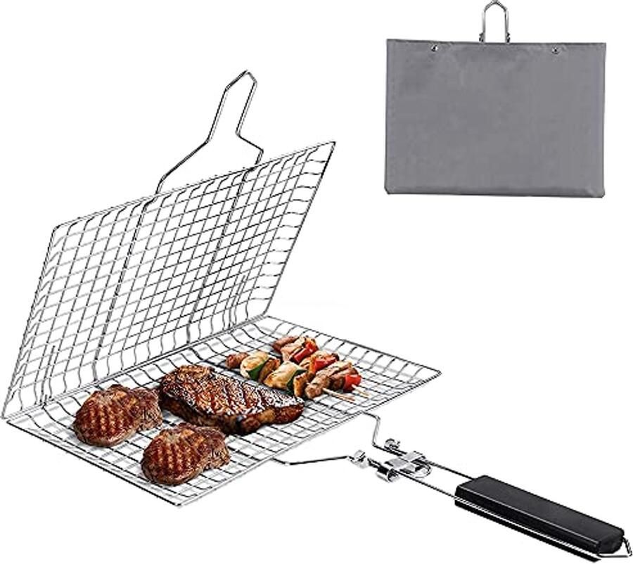 Roestvrijstalen BBQ Grillmand voor Vis Steak en Garnalen Draagbare Grillhouder met Afneembare Handgreep