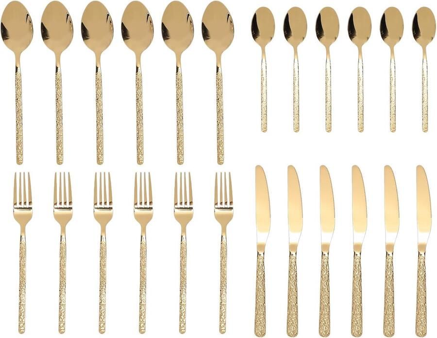 Roestvrijstalen Bestekset Bestek voor 6 Diner en Feest Voedselkwaliteit 18 10 Vaatwasmachinebestendig Goud Steenpatroon