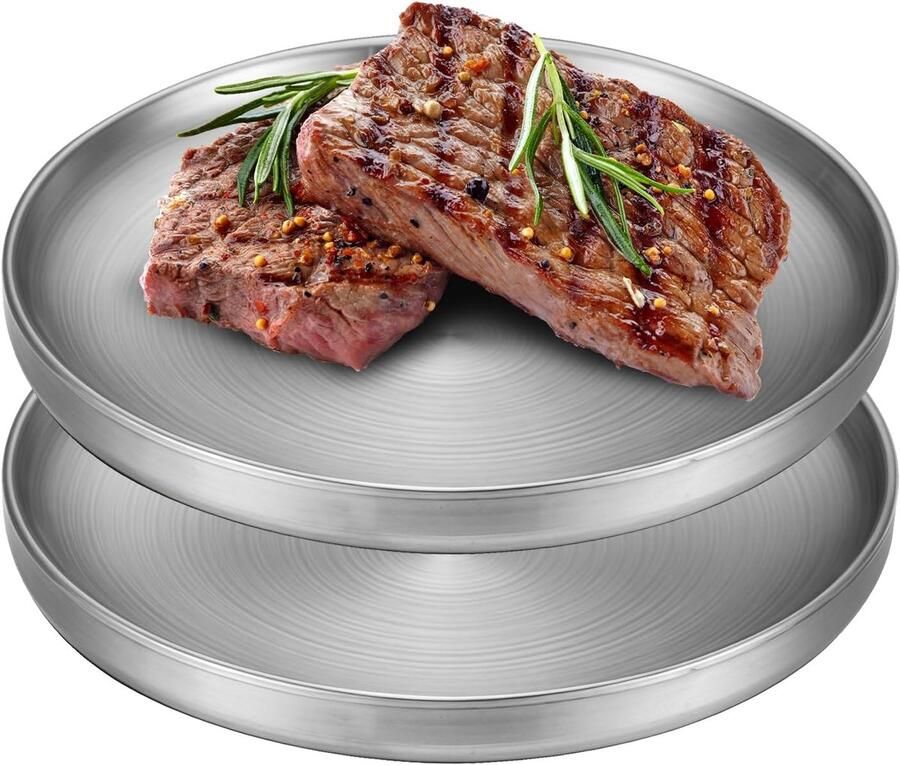 Roestvrijstalen Borden Eetborden Serveerborden Keuken Feest Camping Dubbelwandig Ontwerp Diameter 23cm Zilverkleurig