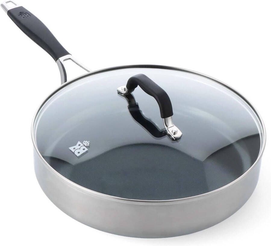 Roestvrijstalen Braadpan 28 cm 36 L met Keramische Antiaanbaklaag PFAS-vrij Inductie Blijf Koel Handgreep Vaatwasmachinebestendig Ovenbestendig Zilver & Zwart