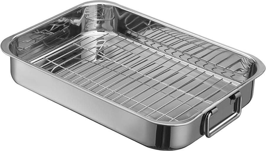 Roestvrijstalen braadpan Bakplaat met rooster Grote maaltijden bereiden Vaatwasmachinebestendig 42 x 32 x 6.5 cm Zilver