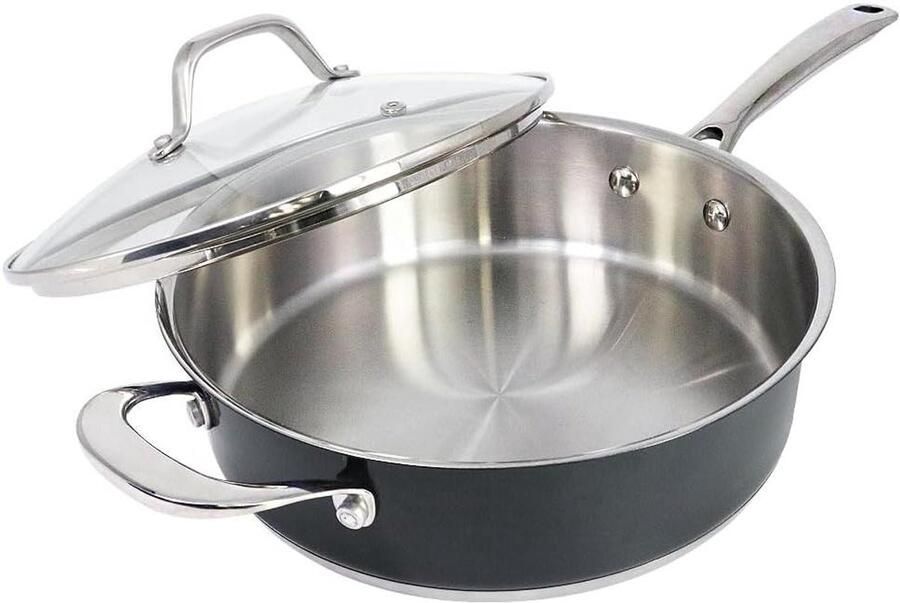 Roestvrijstalen Braadpan Diepe Koekenpan Koken en Braden Nikkelvrij & Gecoat Vrij 24 cm 2.36L Marine Grijs