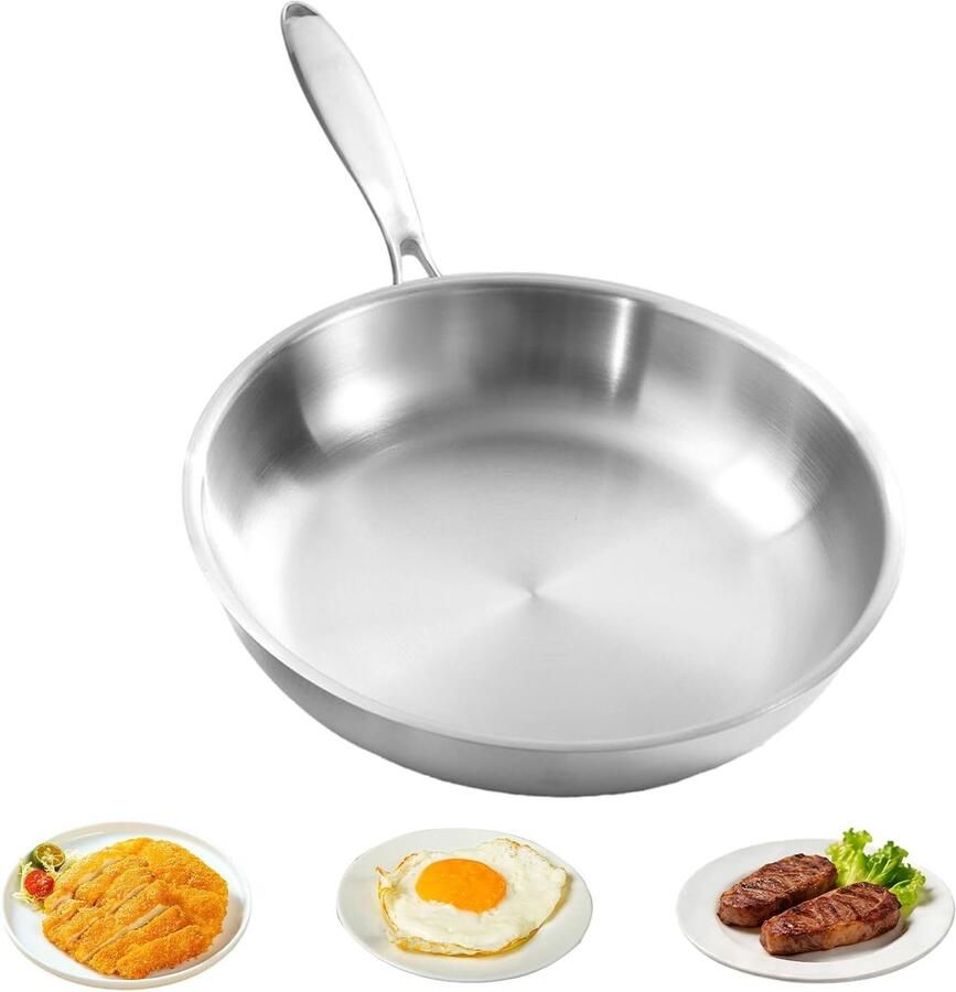 Roestvrijstalen Braadpan Grote Koekenpan Langzaam Garen Tri-Ply Constructie Ø 28 cm Zilver